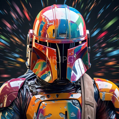 mandalorian armor fusion of rugged silhouette and kaleidoscopic futurism in dynamic light play