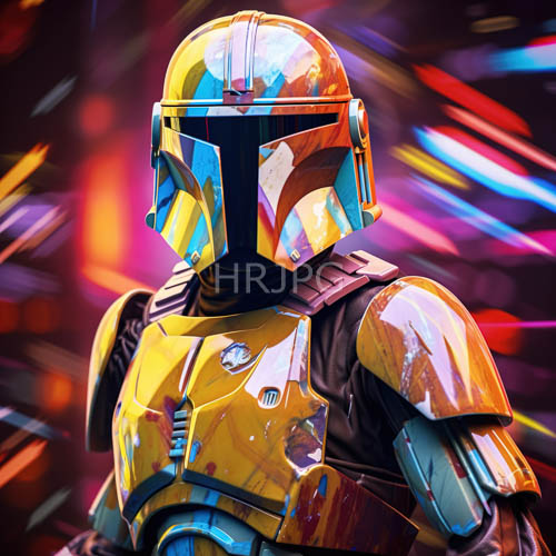 High Resolution: Mandalorian warrior in luminous iridescent armor amidst swirling galaxy energy download. | HRJPG.com