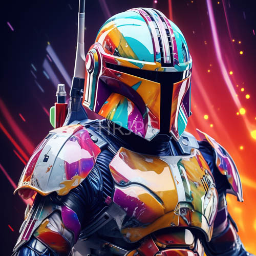 mandalorianinspired armor clashes with electric pink cyan and canary yellow metallic patterns in deep space