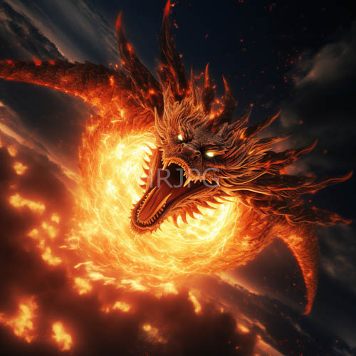 capture of serpentine beast in nocturnal clouds with incandescent flames