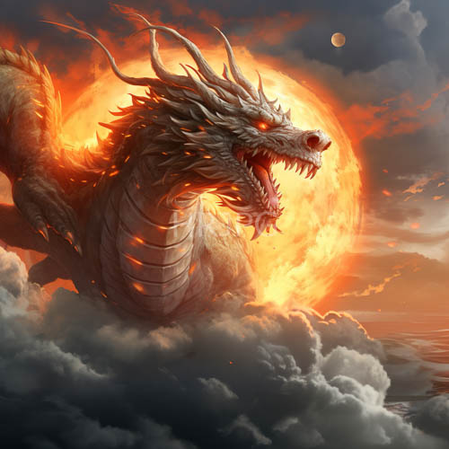 fury of colossal wyrm dominating turbulent skies with scintillating horns and fiery silhouette