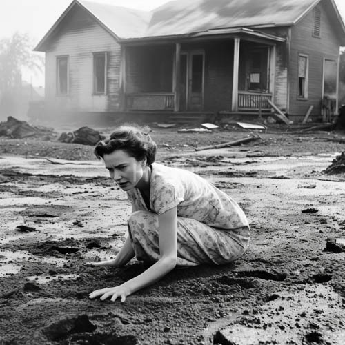 early 20thcentury composition saturated uneven earth wavy hair patterned dress rugged damp ground