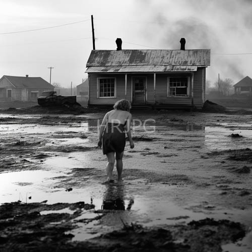 submerged landscape with woman traversing shallow liquid expanse casting elongated reflections