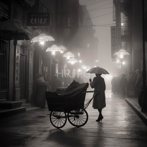 rainsoaked cobblestones illuminate ancient asian thoroughfare with hazy lanterns