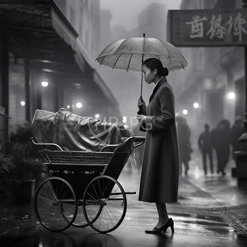 fog clings to cold asphalt as woman exudes elegance amidst urban nocturne