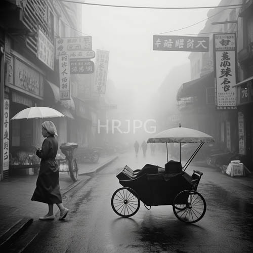 monochromatic cityscape transformed by fog and umbrellas amidst heritage architecture