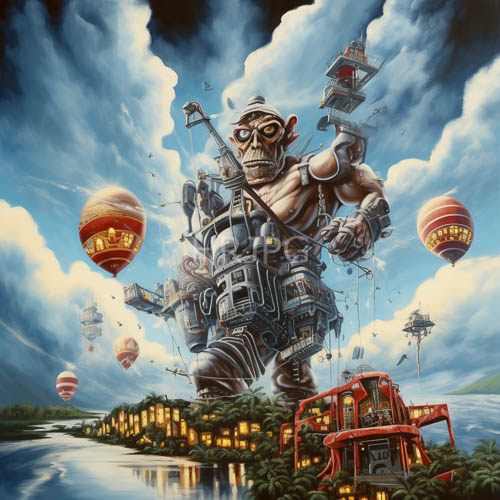 colossal primate titans overwhelm horizon landscapes with mechanical enhancements and cloud formations