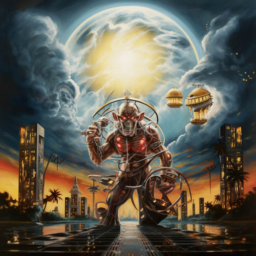 gear driven sentinel amidst metropolis amber hues and celestial twilight