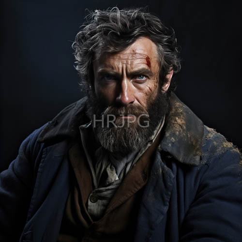 pitted skin and deepset lines define a mans rugged harsh outdoors existence and untamed facial hair