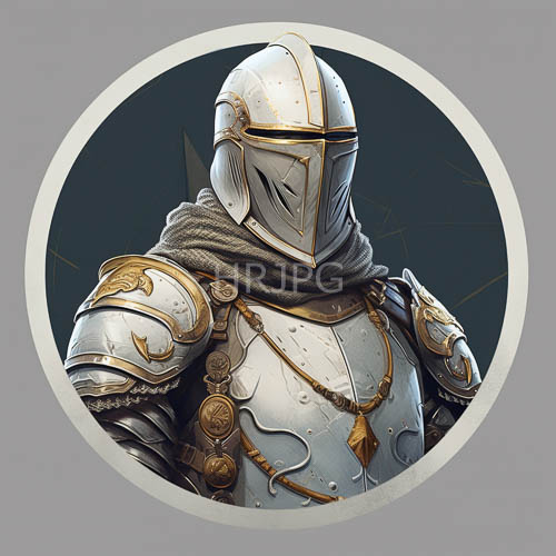 medieval silver armor with gilded filigree and gray woolen scarf in somber teal background