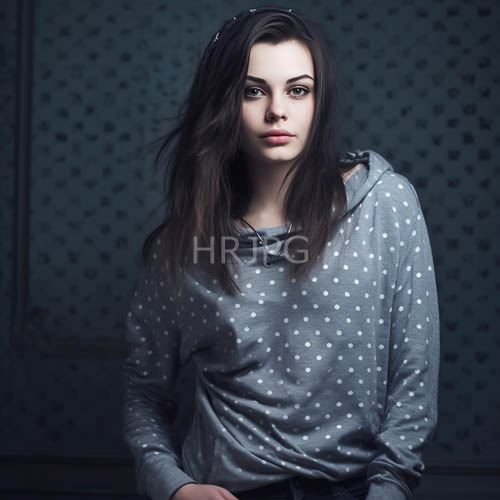 fluorescent lighting accentuates porcelain skin on a young woman in a gray hoodie