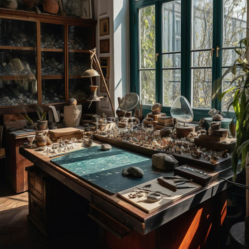 gleamdraped light casts elongated shadows across rustic wooden desk with coastal treasures