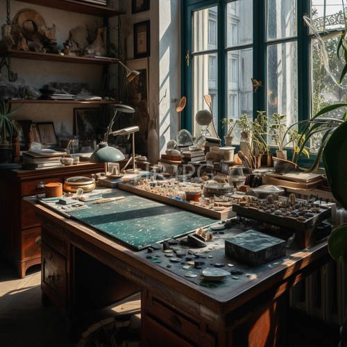craftsmanship amidst dust motes dancing in morning light on a wooden desk
