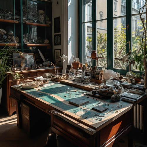 forestgreen windows pouring kinetic glow across eclectic workshop amidst urban sprawl