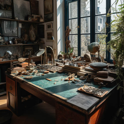 eclectic workspace transforms into natures archive with industrial light