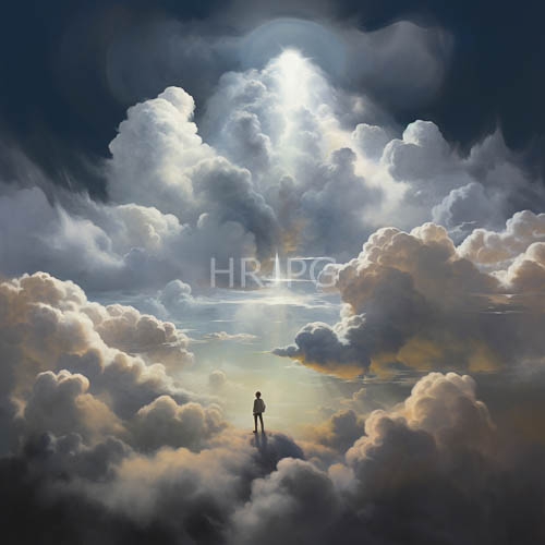 hushed hued vapor supports lone silhouette amidst pillowy cloud formations
