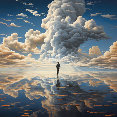 cumulus monoliths converge with isolated silhouette on glassy waters edge
