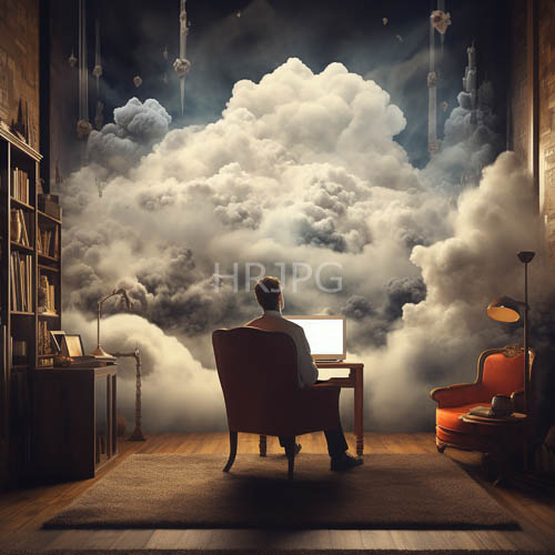 crisp white shirt confronts regal crimson and dreamlike mural in ornate workspace