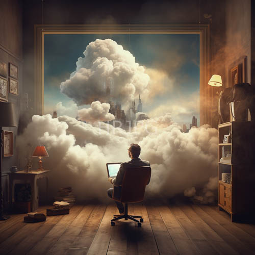 framed wooden floorboards catching ambient light in modern office space with cumulus clouds