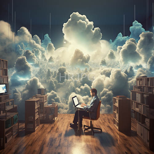 High Resolution: Surreal Workspace Transformed by Ethereal Clouds and Polished Wooden Floorboards download. | HRJPG.com
