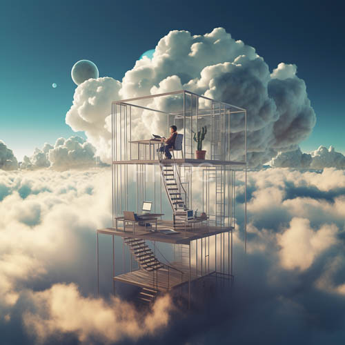 High Resolution: Vaporous Cloudscape Cage Encloses Futuristic Workspace Amidst Celestial Orb Horizon download. | HRJPG.com