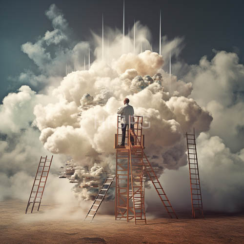 solitary figure poised atop weathered wooden ladders against expansive skyblue horizon