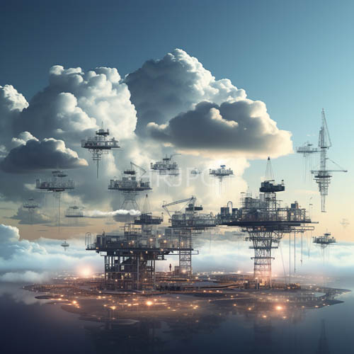 streamlined oil platform meets ethereal atmosphere with angular steel monoliths and billowing clouds