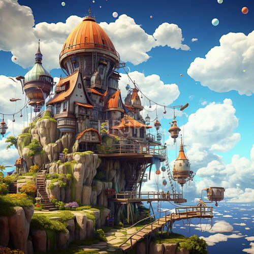 High Resolution: Cerulean Metropolis Suspended Amidst Jagged Cliffs and Lush Greenery download. | HRJPG.com