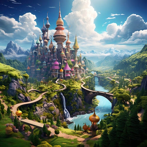 fantasy realm of verdant spires and intricately designed domes amidst rugged terrain