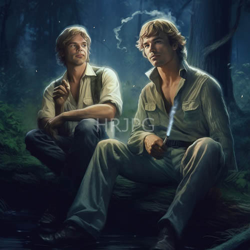 High Resolution: Explorers find quiet contemplation on mossy forest floor beneath cool ethereal glow download. | HRJPG.com