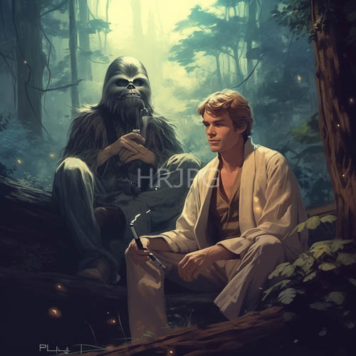 han solo and chewbacca rest amidst dappled woodland canopies in tranquil forest glade