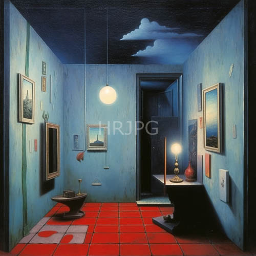 surreal interior anchored by deep indigo walls and intricate red tiles