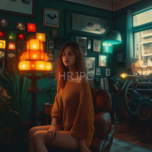 amber light cascades over wavy locks in a deep brown leather armchair setting