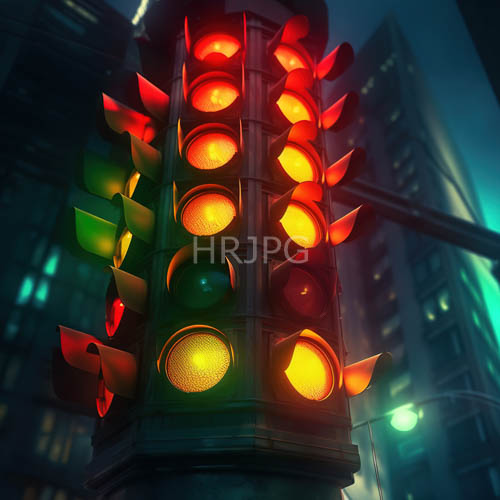 brick and steel illumination shatters gloom with clinical trio of chromatic beacons at apex