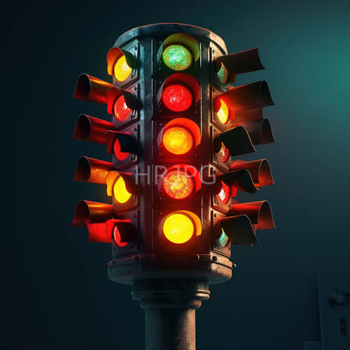 High Resolution: Midnight Signal Beacon Erupts with Crimson Amber and Verdant Light in Urban Nighttime Setting download. | HRJPG.com