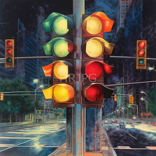 solitary traffic signal illuminates nocturnal urban rhythm with distorted patterns and stark metal support