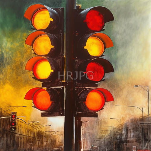 architectural twilight saturates standard signaling apparatus with crimson and amber light