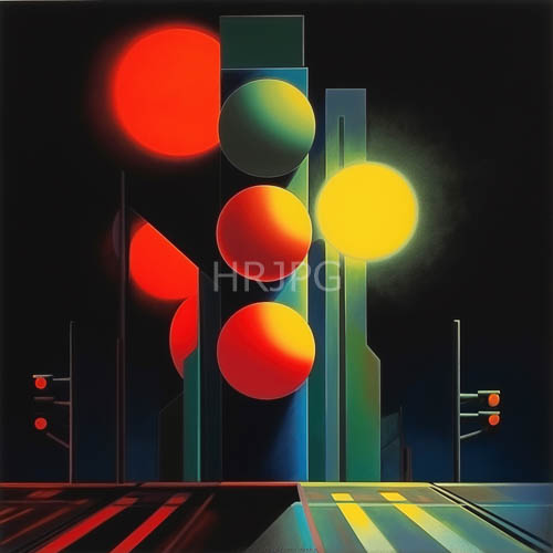 monolithic silhouettes anchored by luminous apertures pulse with intense red and yellow light