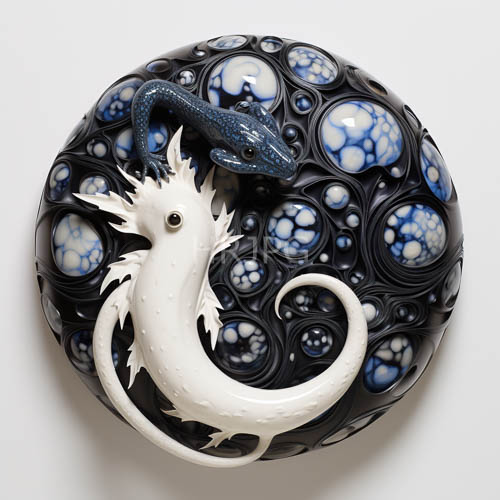 spherical formations ceramics mythical entities in anatomical contrast with jagged fins and reptilian scales