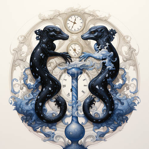 mythical sea creatures confront mechanical precision in silent mirrored confrontation