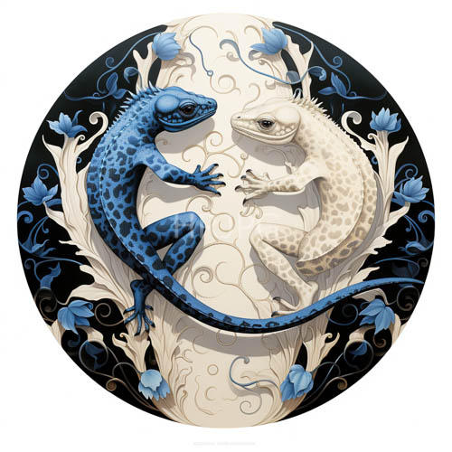 High Resolution: Azure reptiles patterned with obsidian speckles converge on sandtoned companion in intricate composition download. | HRJPG.com