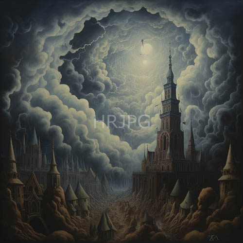 obsidianhued spires pierce turbulent horizon amidst charcoal and slate