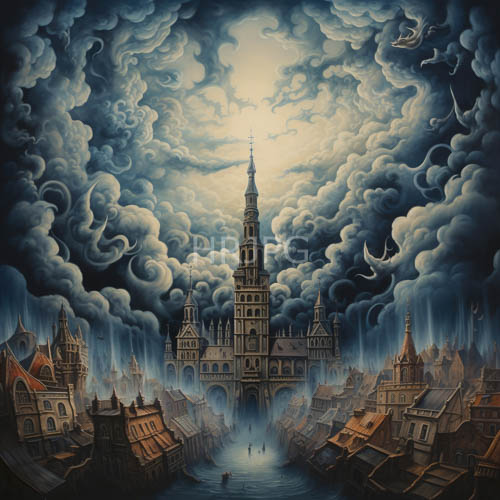 gothic spires interact with obsidian clouds and celestial light illuminates urban facades