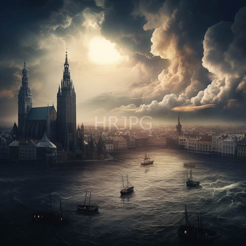 atmospheric sunset saturates dense clouds over choppy river waters