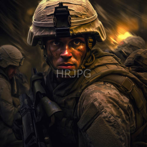 tactical operative in camouflage amidst urban warfare environment with blaze illumination