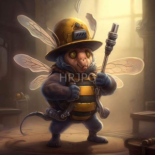 figurative insectoid in industrial backdrop with contrasting blue fur and gritty terrain