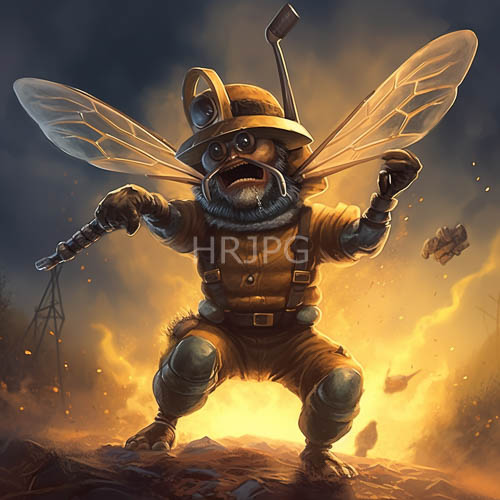 personified bee soldier engages in relentless combat with battlefield realities