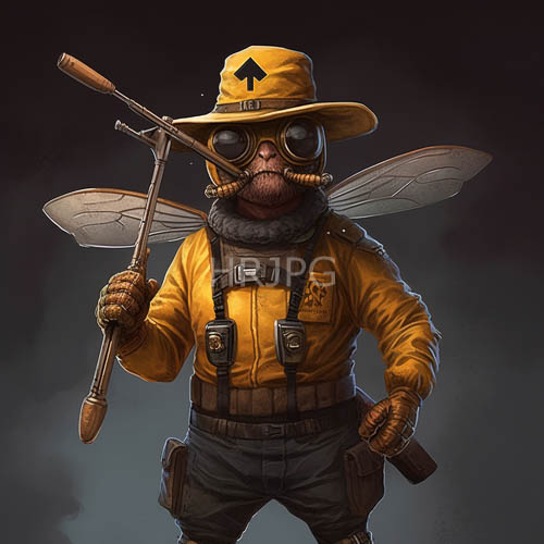 anthropoid fly in industrial yellow workwear against deeptoned gradient backdrop