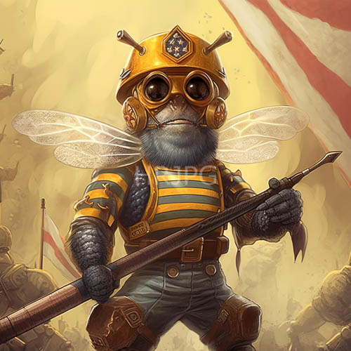 human faced bee soldier pivots within obscured battlefield terrain of swirling mist