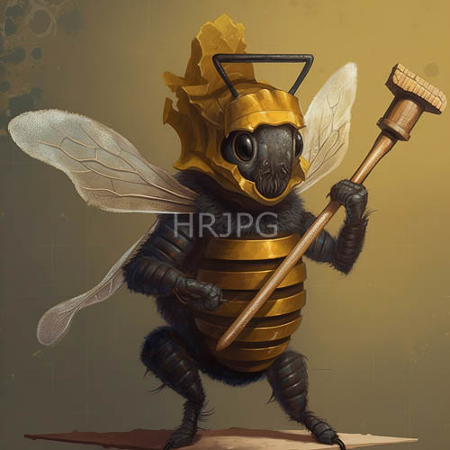 personified bee wears protective gear with intricate winglike flourishes and multifaceted eyes